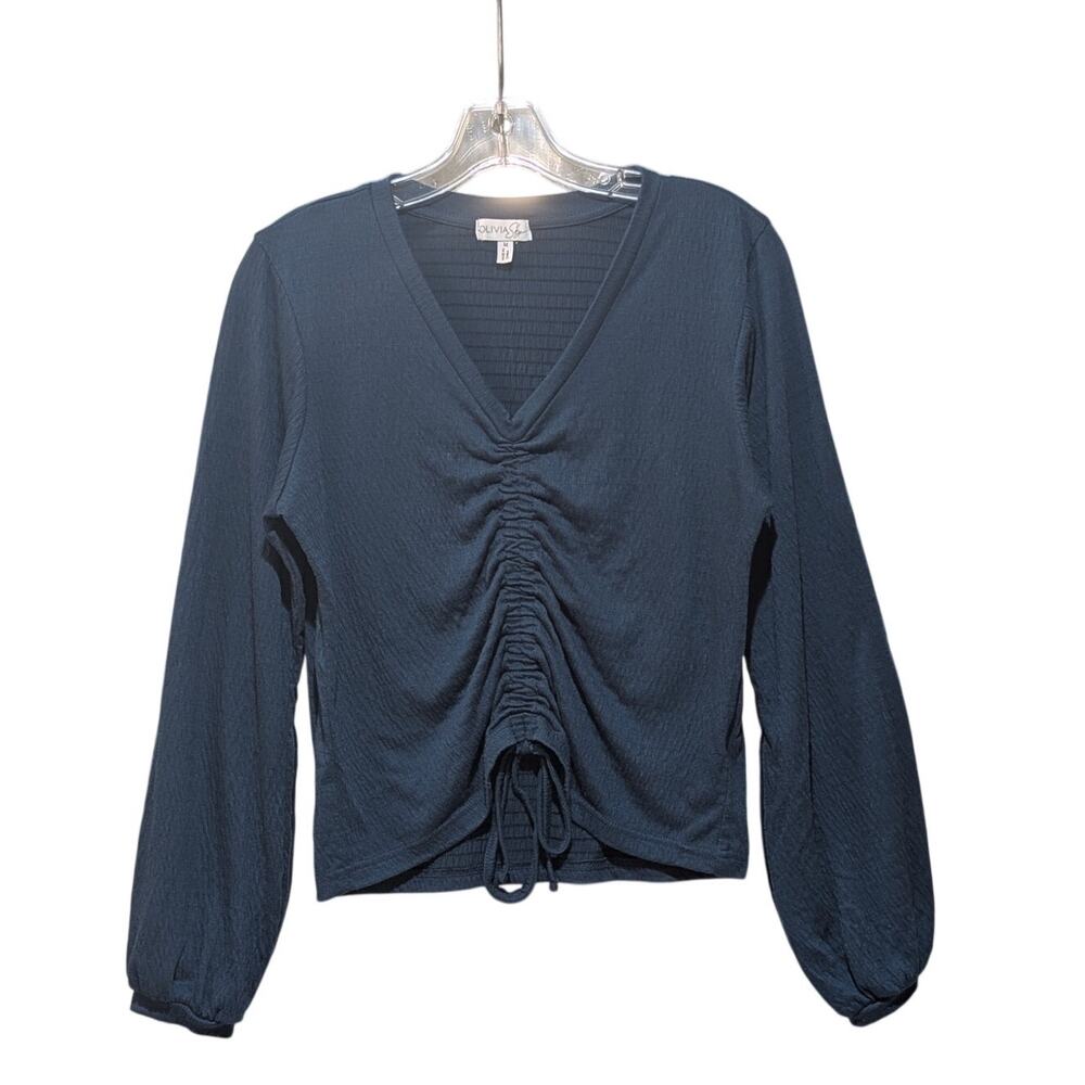 Slate Blue Ruched Front V Neck Long Sleeve Top Womens M Drawstring